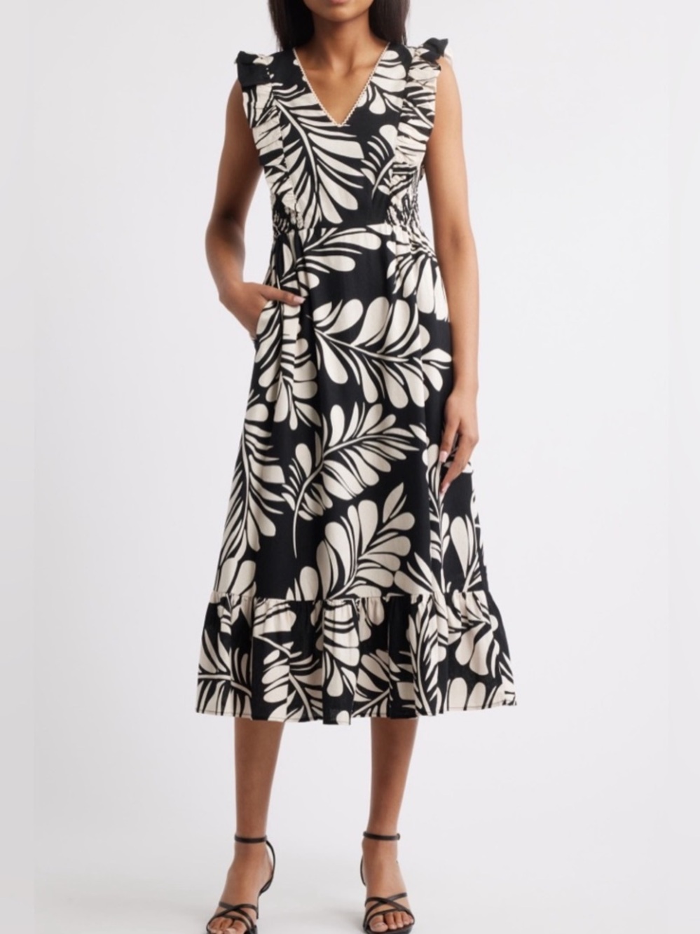 Anne Klein Black Ivory Tropical Leaf Print Ruffle Trim Midi Dress NWT Size 16